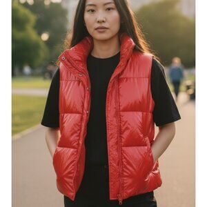 A New Day Womens Red Puffer Vest Lightweight Quilted Outerwear W/ Pockets Small